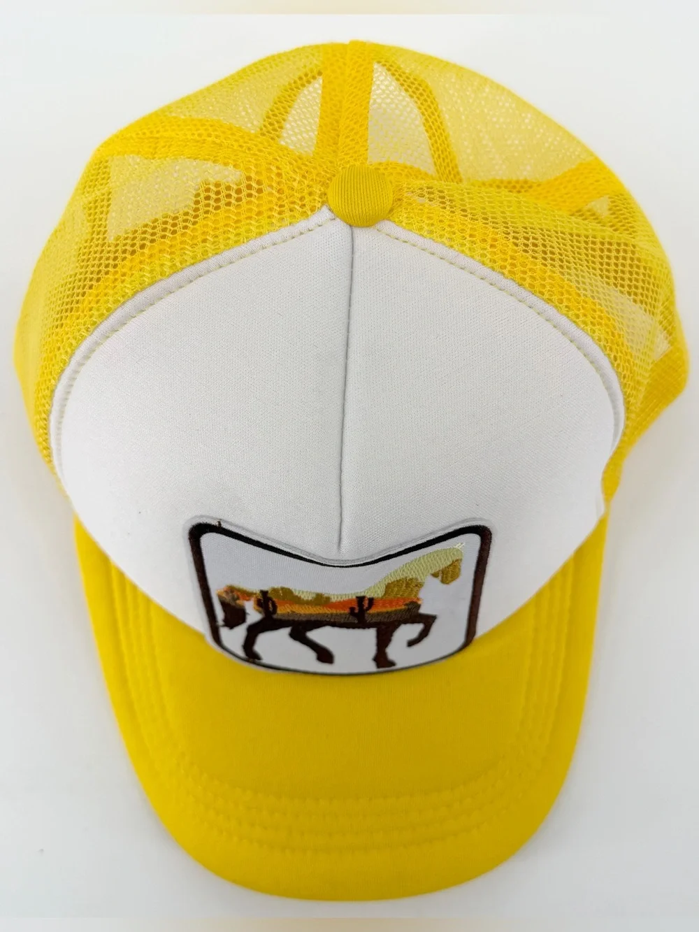 Western Desert Sunset Horse Patch Trucker Hat Yellow Snapback